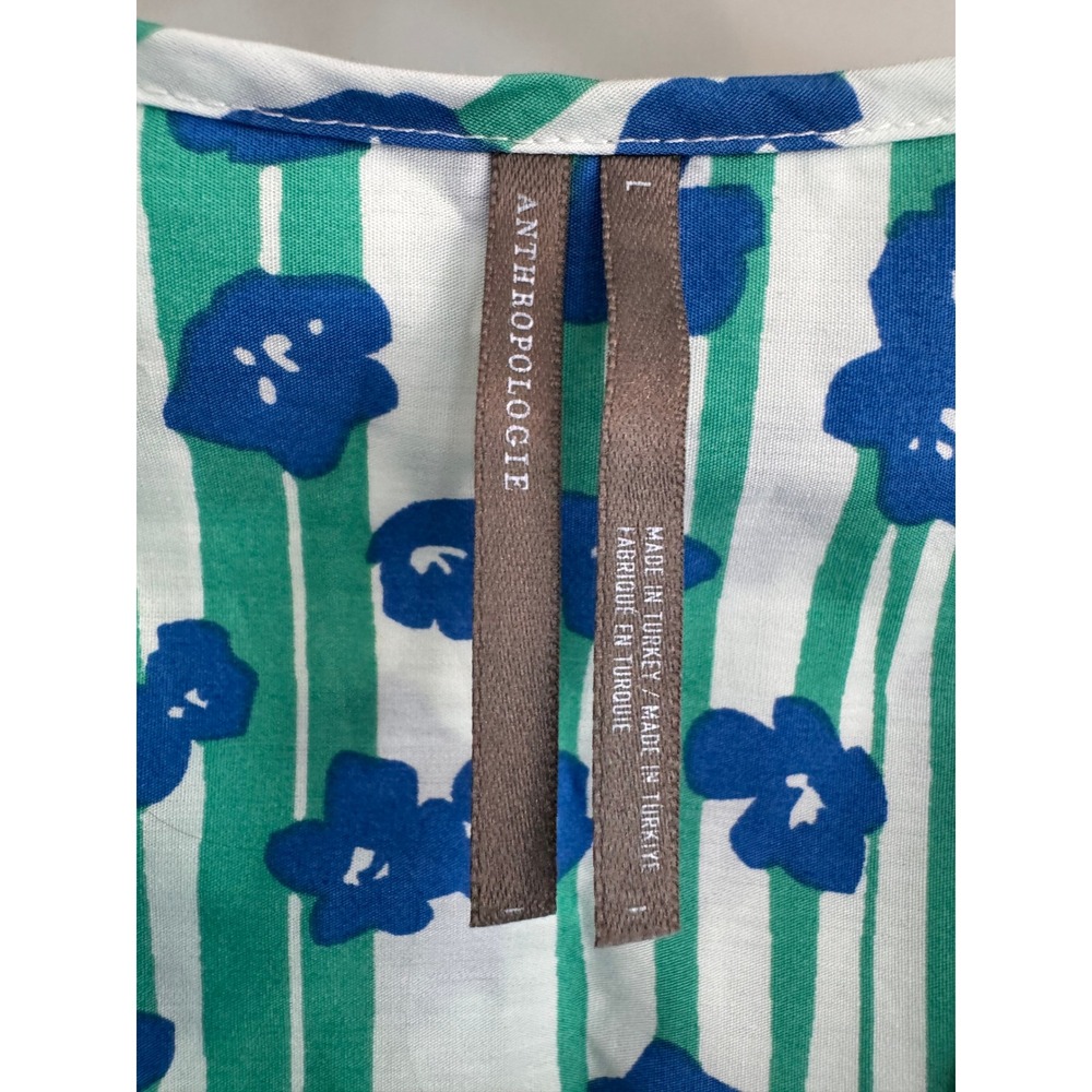 Anthropologie Floral Striped Tiered Maxi Dress Cotton Blue Green White Size L - Picture 4 of 11